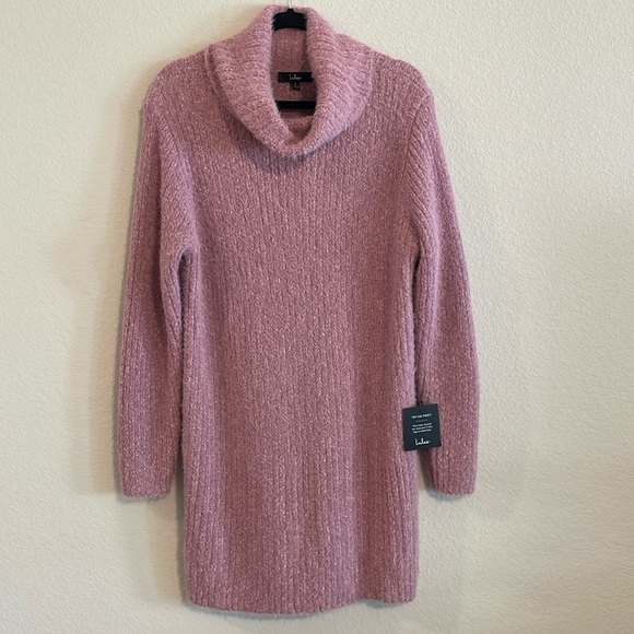 Lulu’s Women's Sweater Dress Small Pink Stretch Fluffy Cowl Neck Longline - Picture 3 of 14